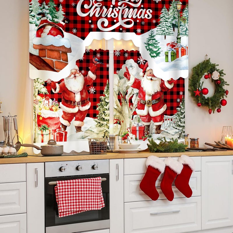 FuWeave Christmas Kitchen Curtains 3 Piece Set Santa Claus Window Curtains and Valance Set Xmas Curtain Swag for Kitchen Bedroom Living Room Decor, 60 x 36 Valance, 36 x 30 Tier - Image 4